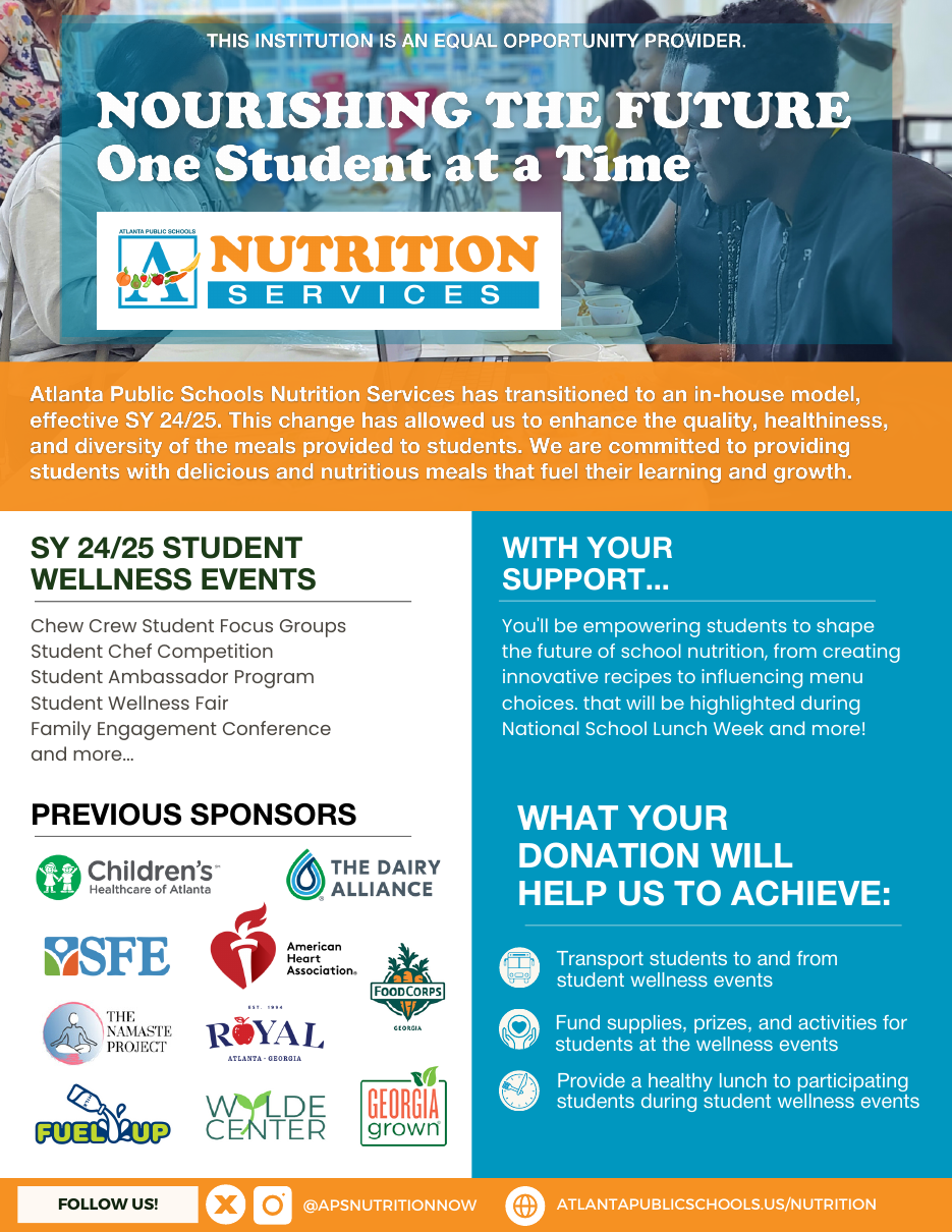 Nourishing the Future donation request flyer listing SY 24/25 student wellness events and previous sponsors