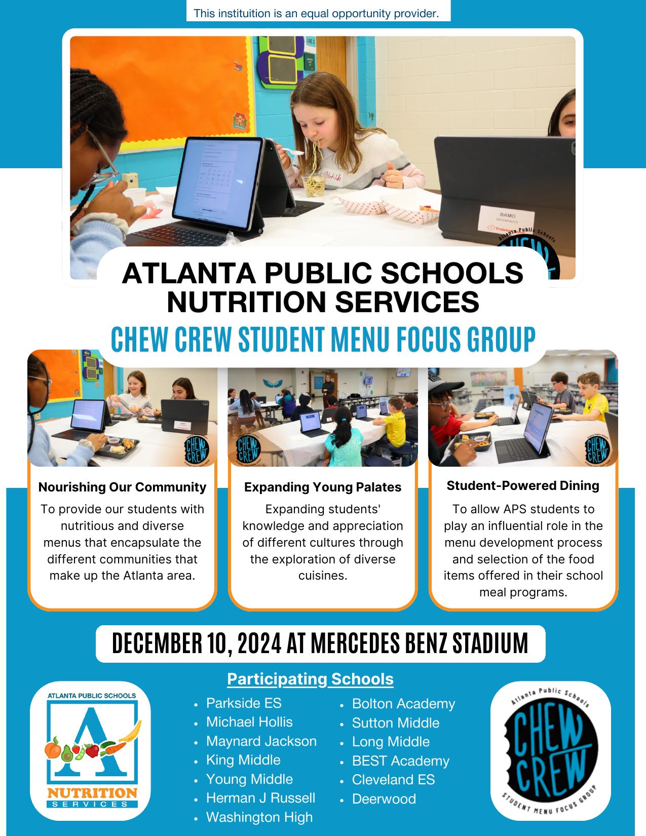 Chew Crew Student Menu Focus Group flyer featuring participating students, program goals, and Mercedes-Benz Stadium event details