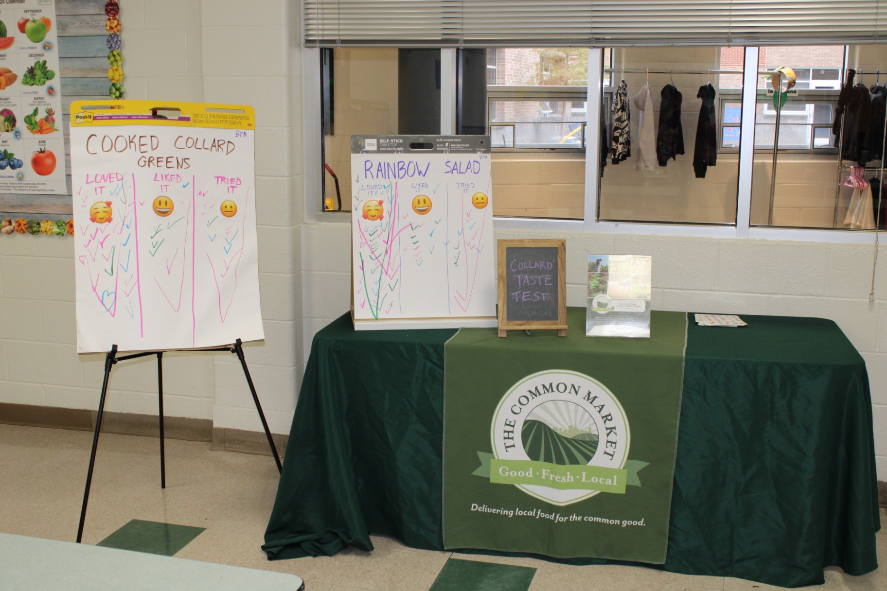 Student-created feedback charts for collard greens and rainbow salad displayed in an APS cafeteria
