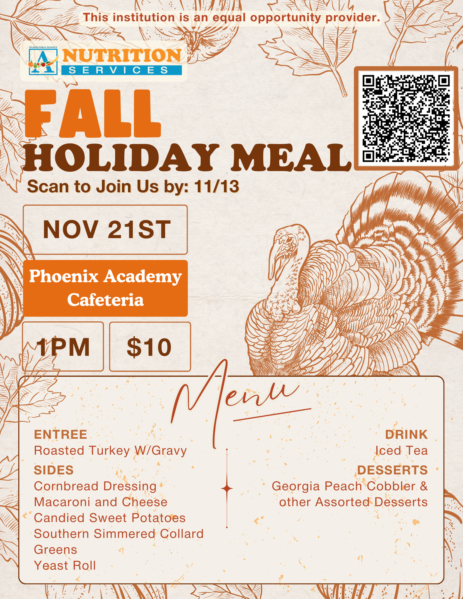Phoenix Academy Fall Holiday Meal community invitation for November 21