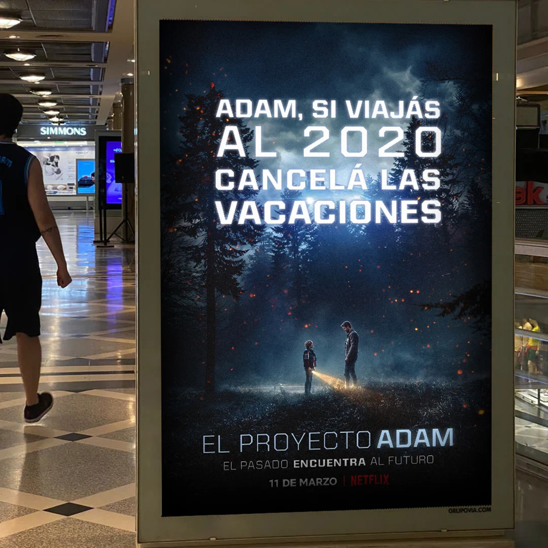 Netflix campaign poster asking Adam to travel to 2020 and cancel vacations