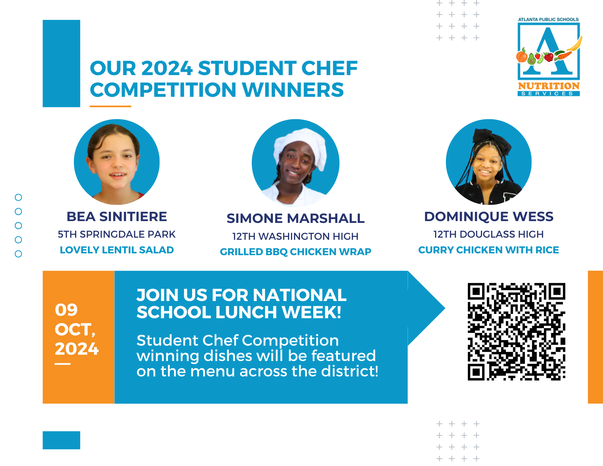 Graphic announcing the 2024 Student Chef Competition winners whose dishes were featured on district menus for National School Lunch Week